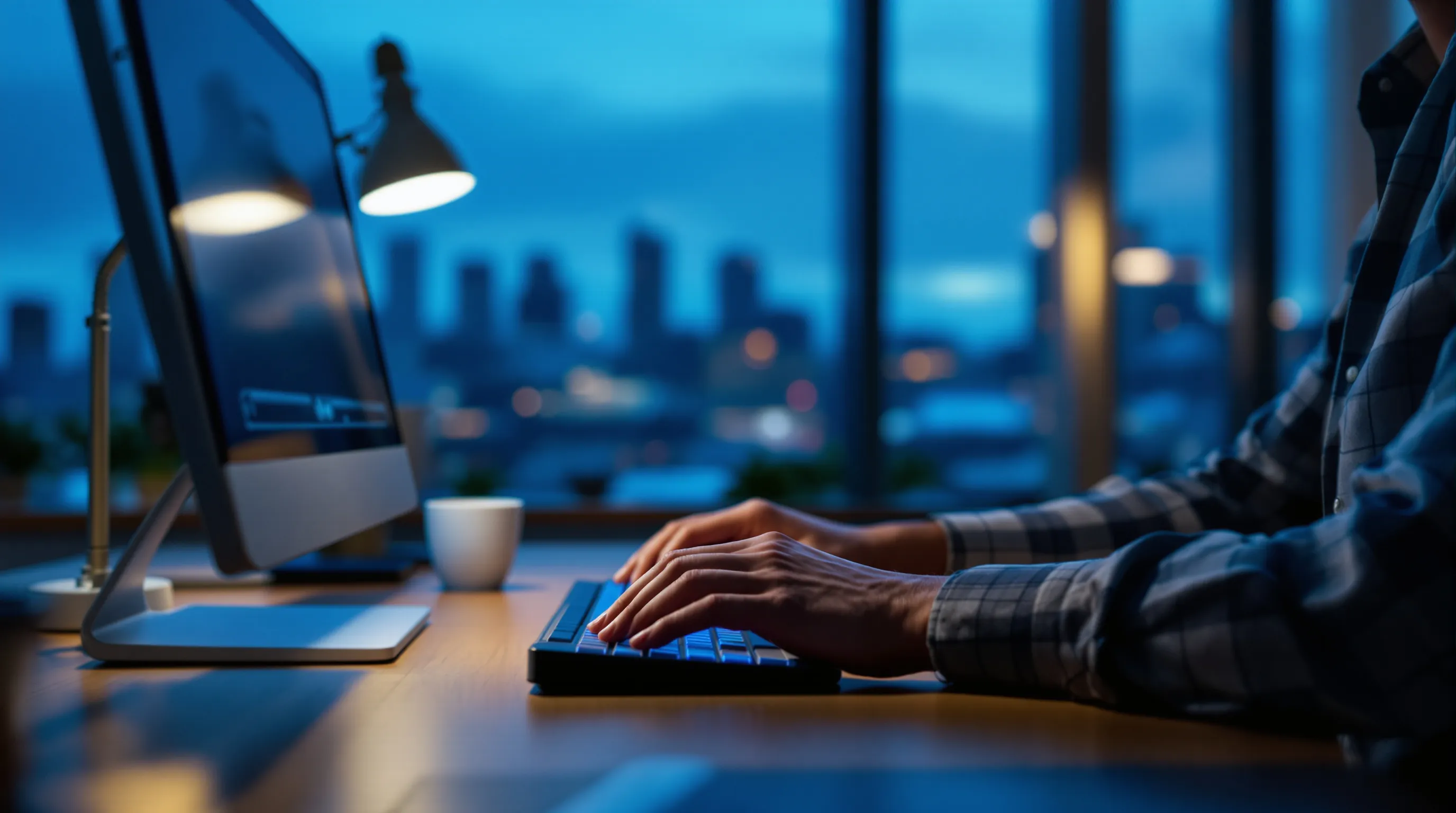 Close-up over the shoulder of an operations analyst seated at a wooden desk in a quiet office, hands resting on a keyboard, a small external hard drive and a coffee mug beside them