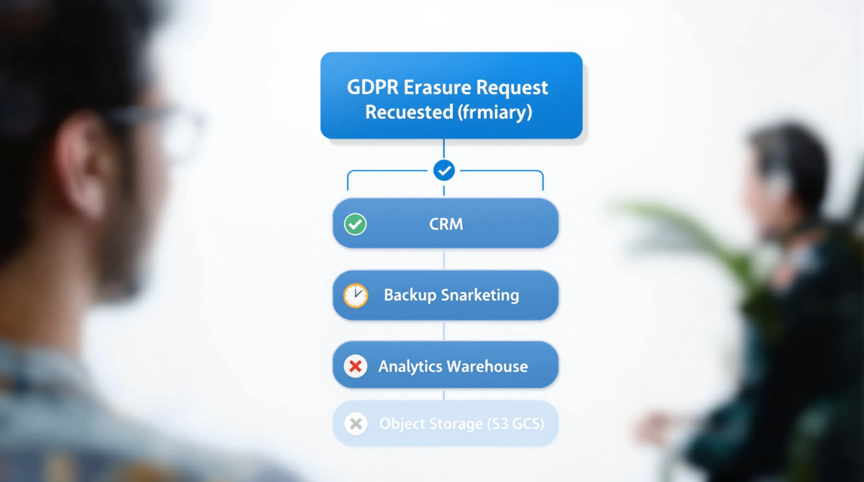Flowchart showing GDPR erasure request splitting into six parallel deletion paths with completion status