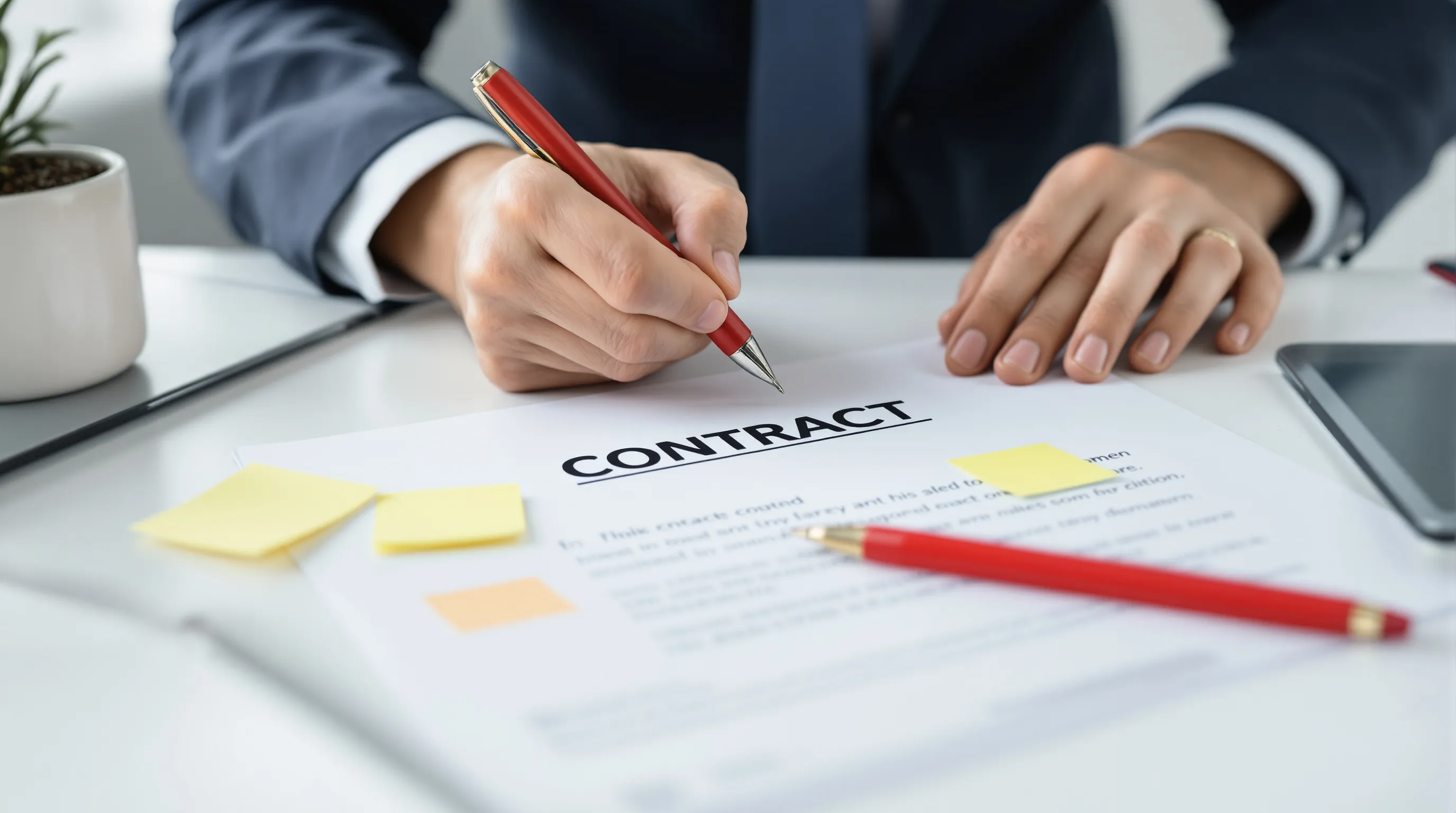 Business contract with annotated clauses ready for negotiation before signing