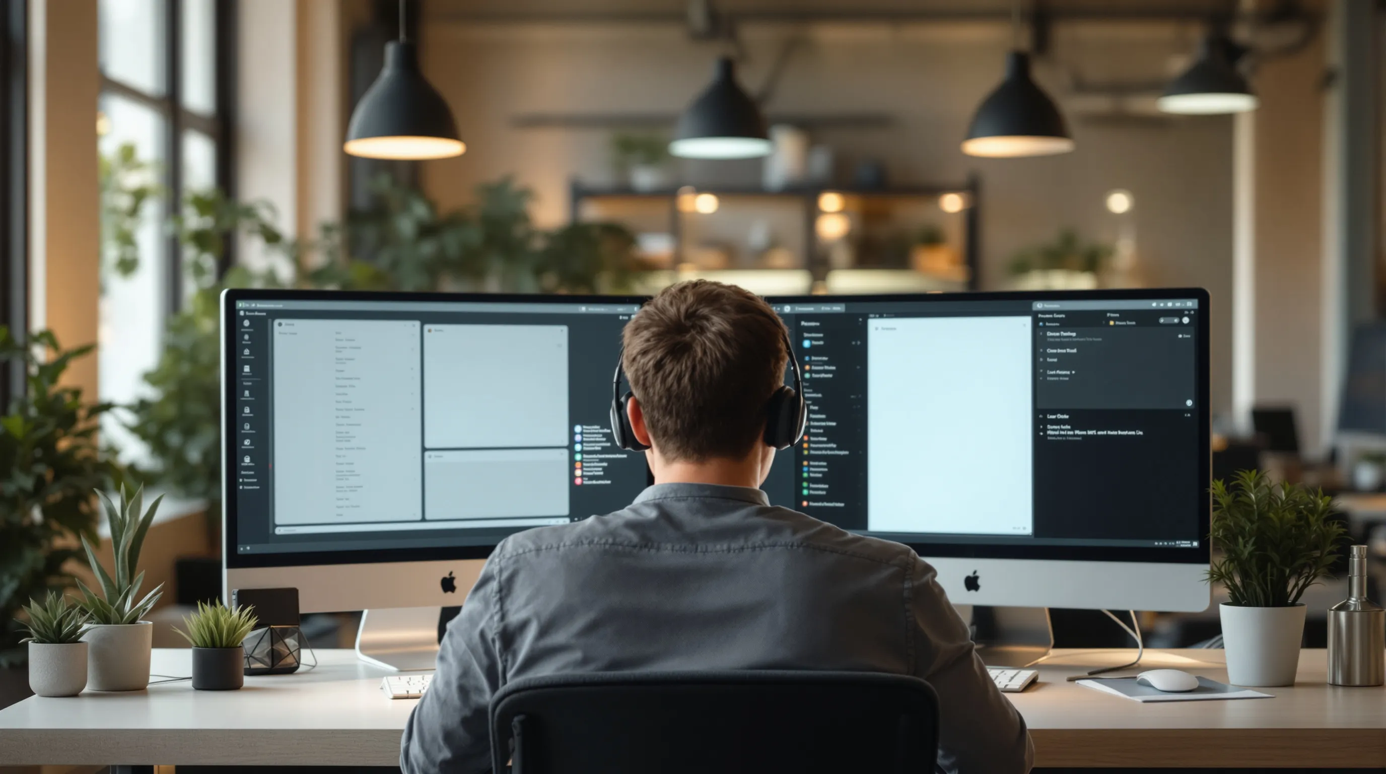 Support team member viewing two visually inconsistent software interfaces on adjacent monitors, illustrating the UI fragmentation of bolt-on support suites
