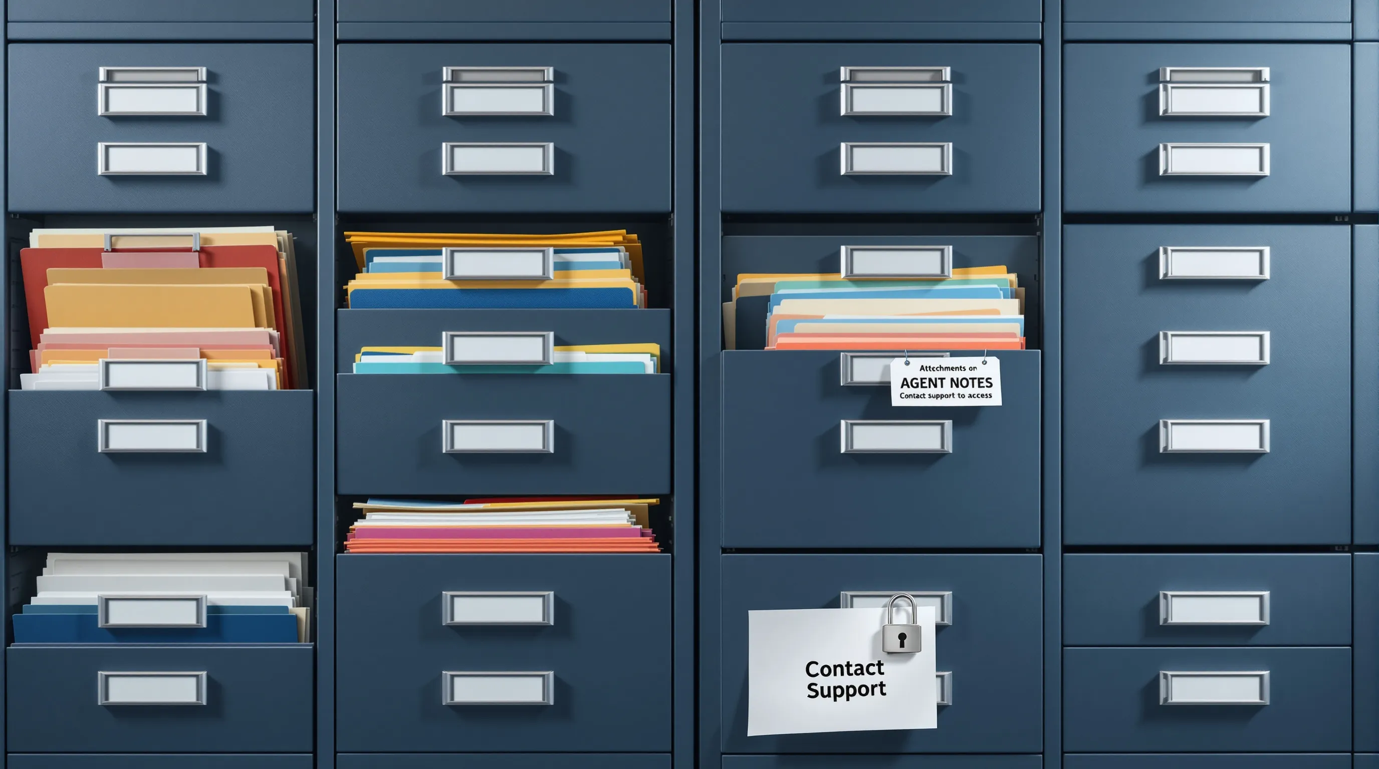Fifteen support tool data exports compared side by side, showing varying completeness across file attachments and internal notes