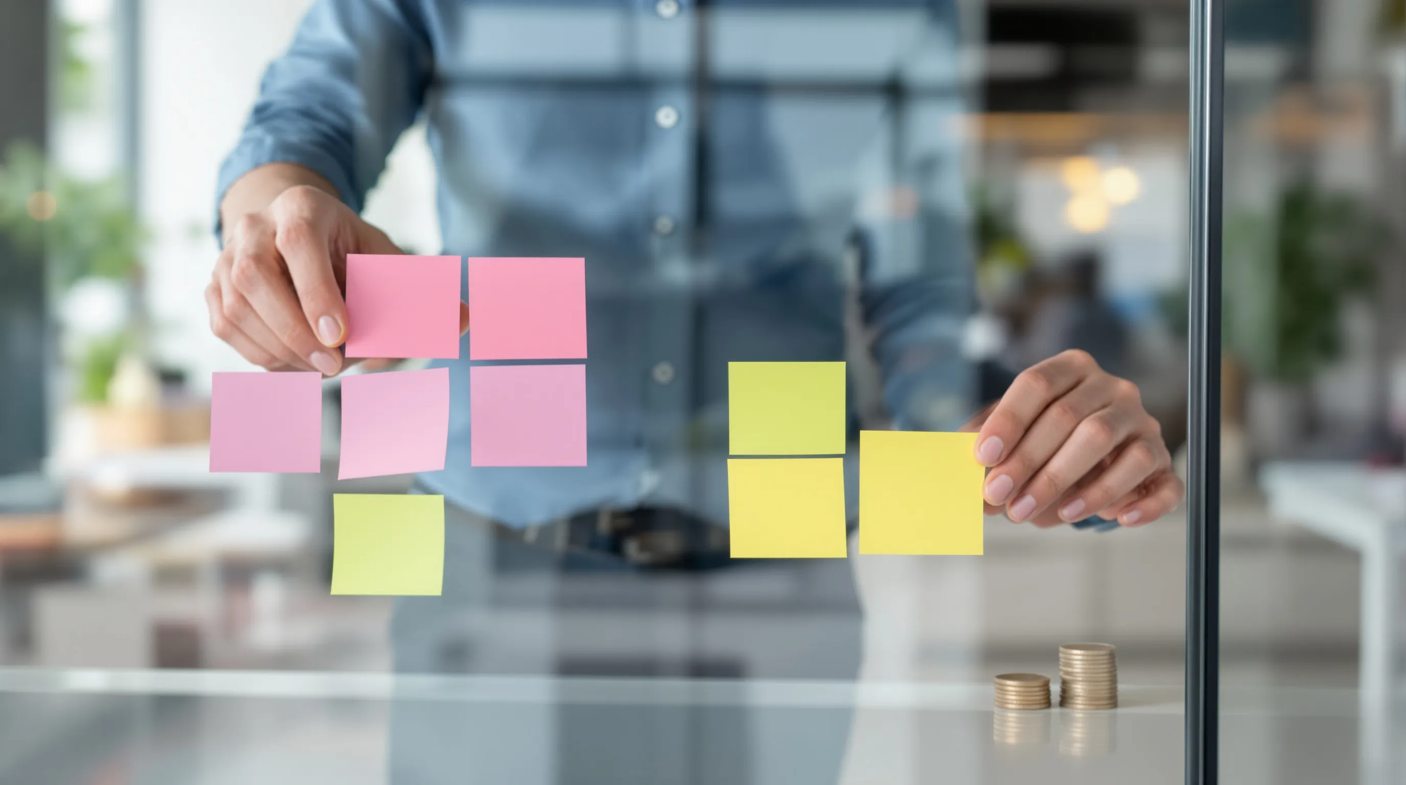 Photorealistic editorial photo of a support team lead in an open-plan office, standing beside a glass wall and arranging colored sticky squares into two separate clusters, one cluster of pink squares on the left and one