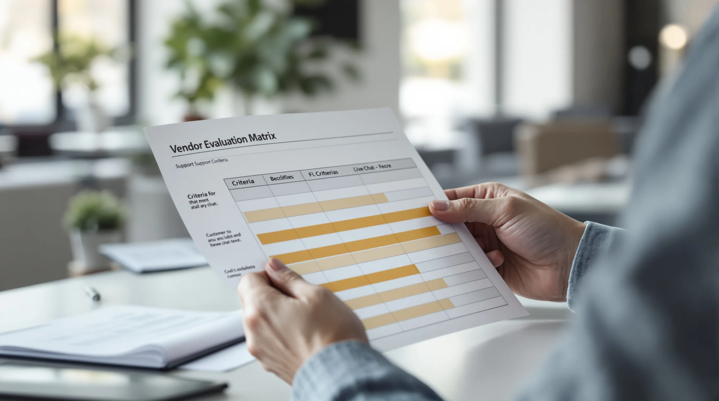 Support team leader scoring a vendor evaluation matrix for lock-in risk