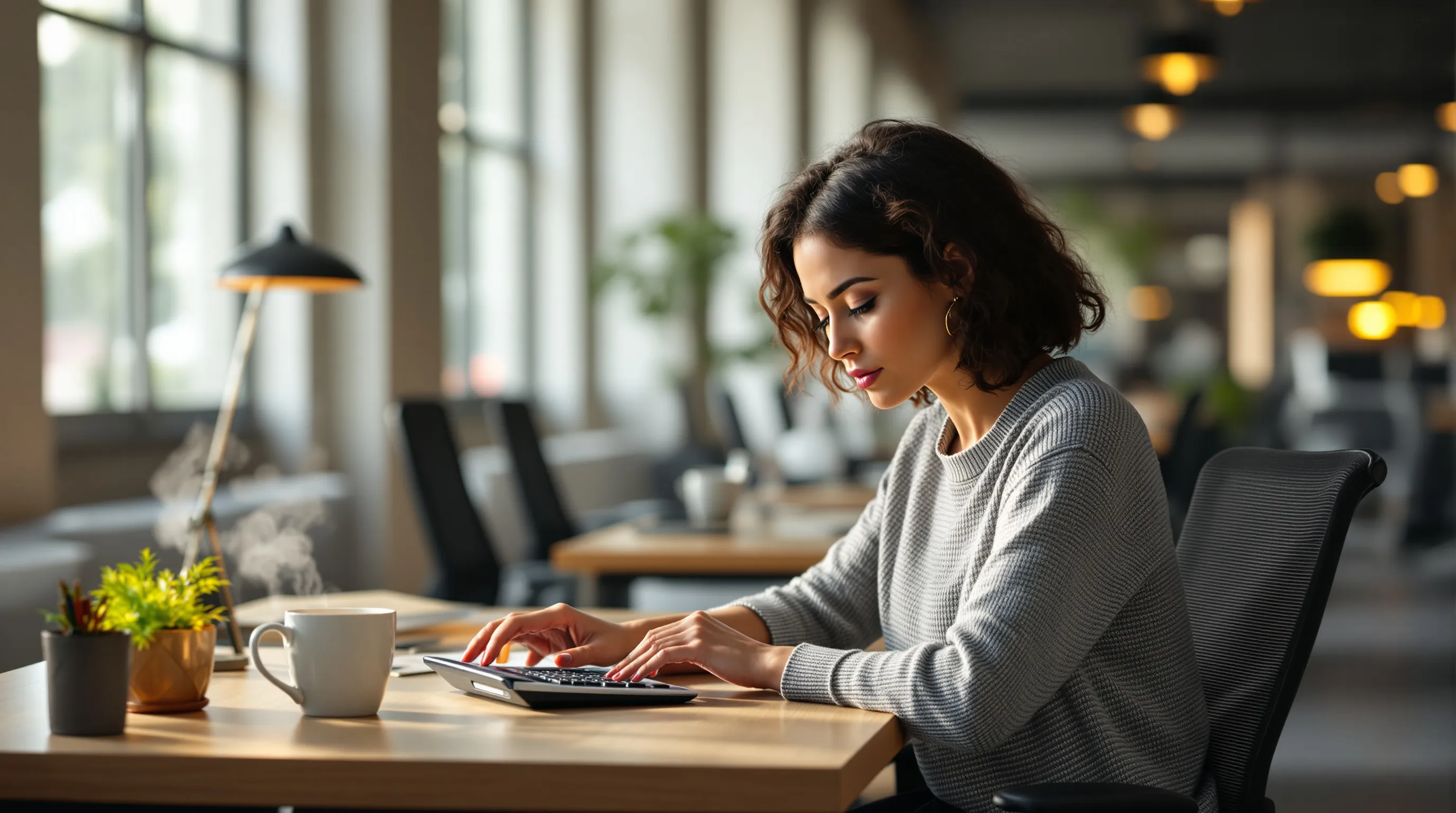 A support team lead sits at a wooden desk in a quiet open-plan office, leaning back slightly with one hand resting on a desktop calculator, studying its glowing digits with a thoughtful expression