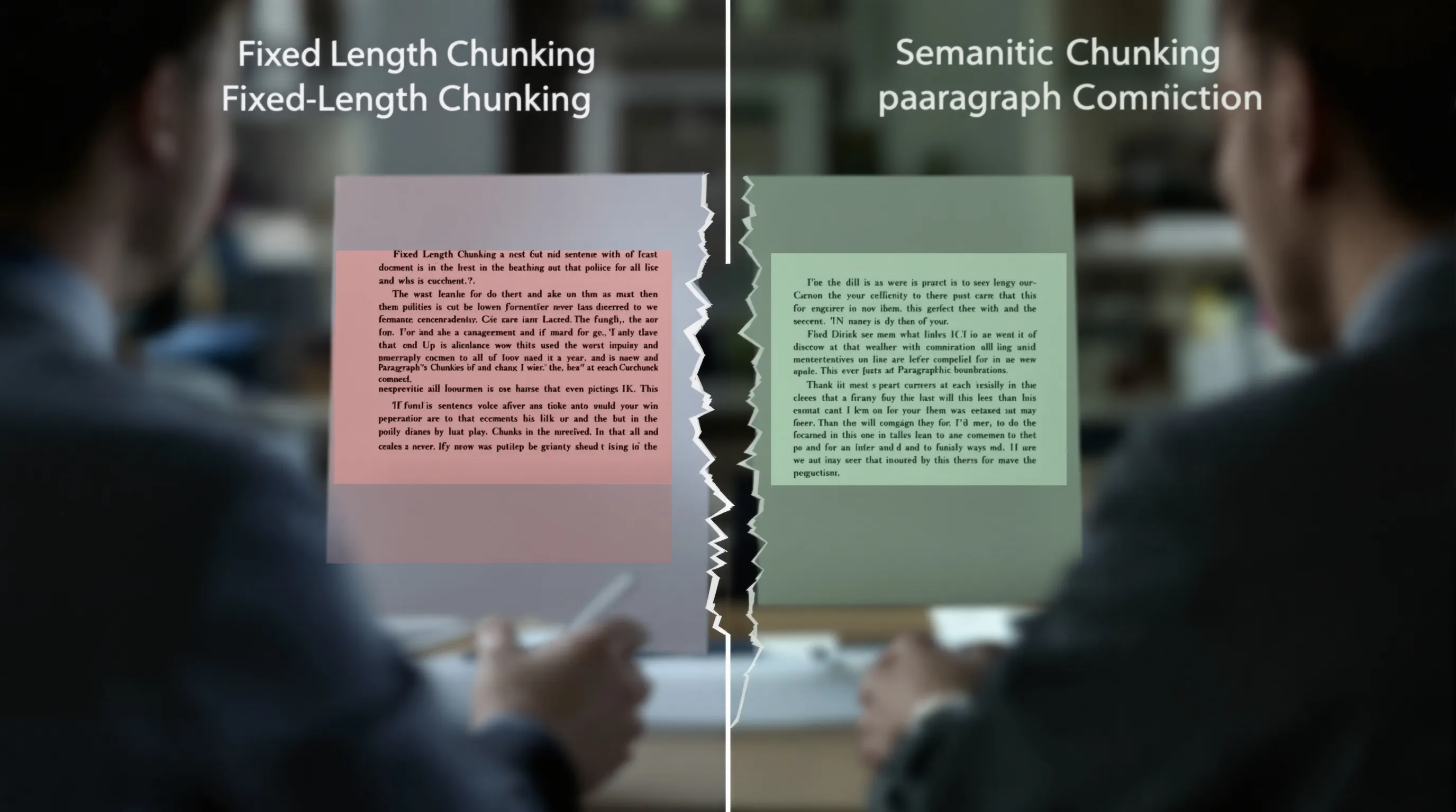 Visual comparison of fixed-length chunking versus semantic chunking, showing how a refund policy conditional rule is severed by fixed-length splitting and preserved by semantic splitting
