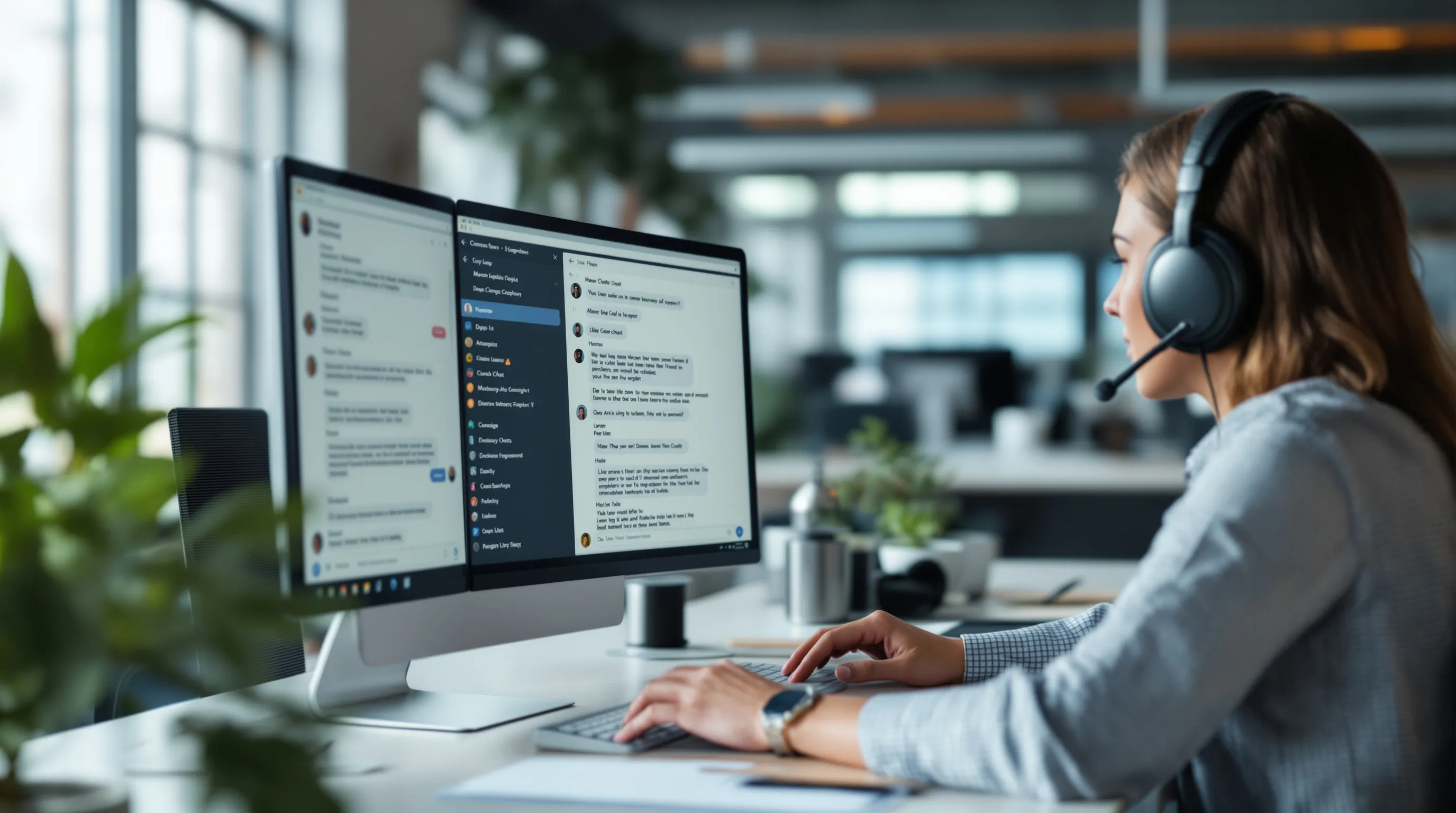 Support team lead watching an AI chat conversation hand off to a human agent at the next desk