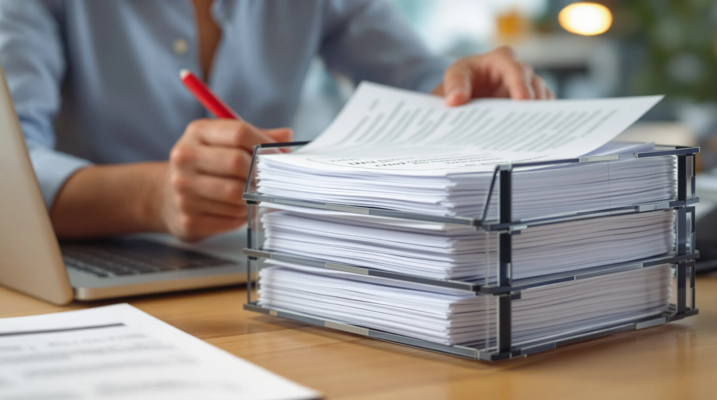 Quality reviewer sorting printed AI chat transcripts into trays and marking answers right or wrong