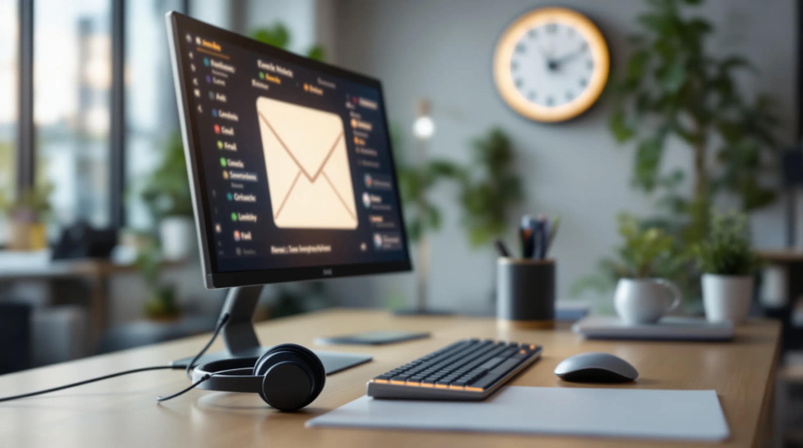 Empty support agent desk with a headset on the keyboard and an email inbox open on the monitor while a wall clock runs in the background