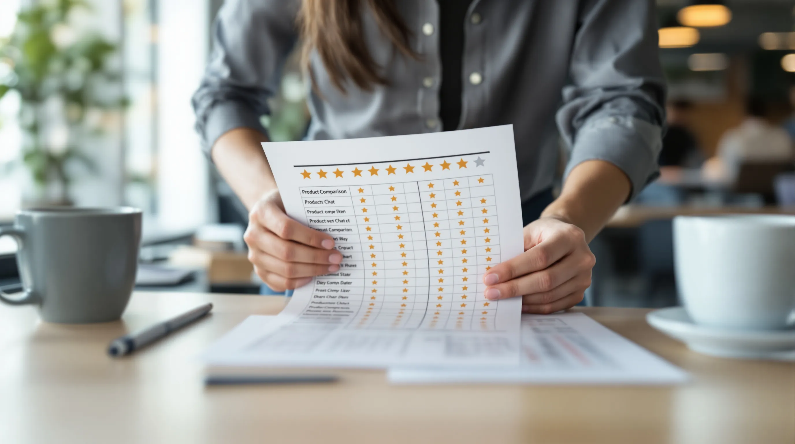 A customer support manager sits at a desk in a modern open-plan office, studying several printed product comparison sheets fanned out in front of her, each marked with rows of nearly identical gold stars