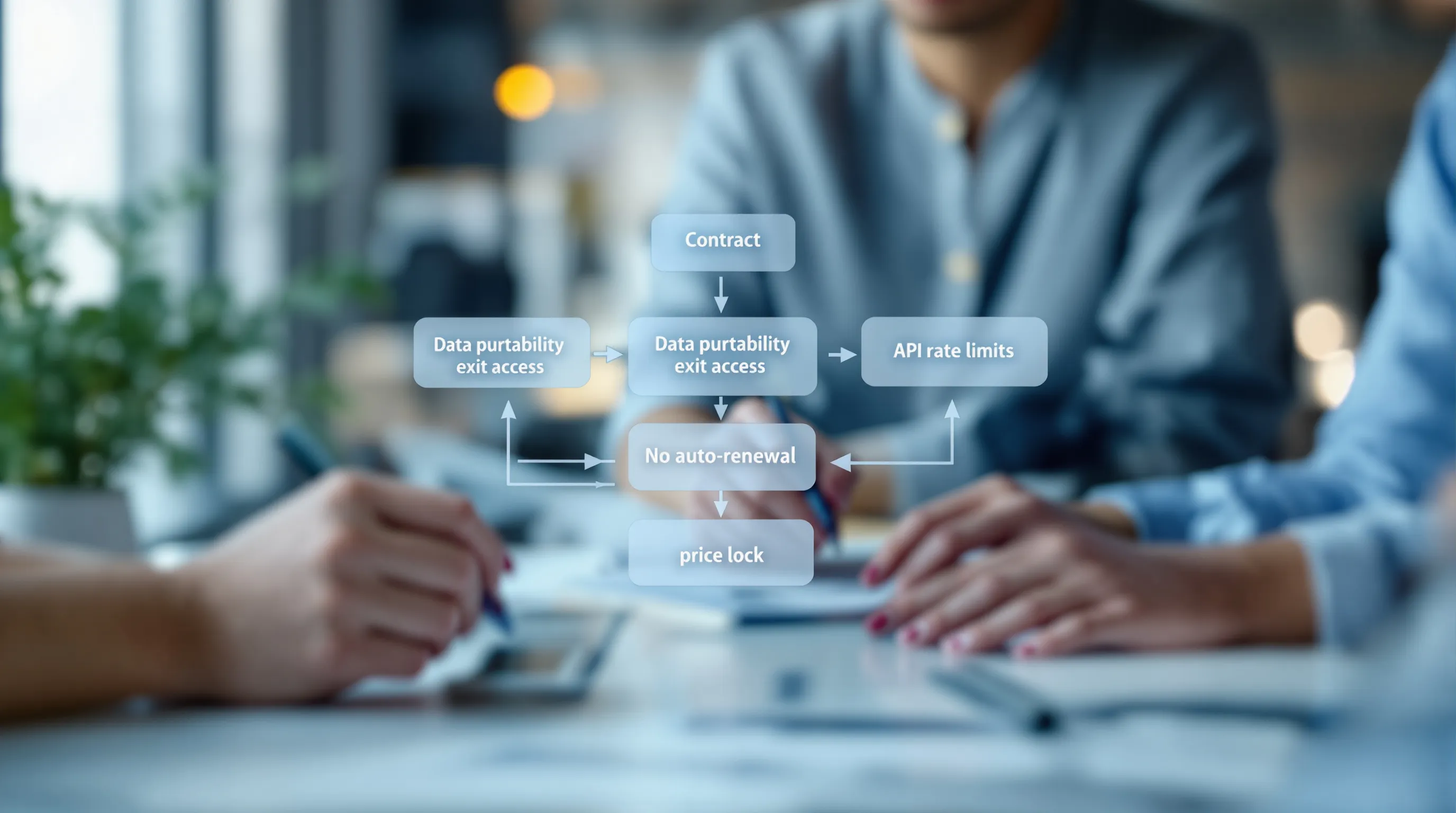 Diagram of five key support contract clauses to negotiate: data portability, exit access, auto-renewal removal, API rate-limit guarantees, and price lock