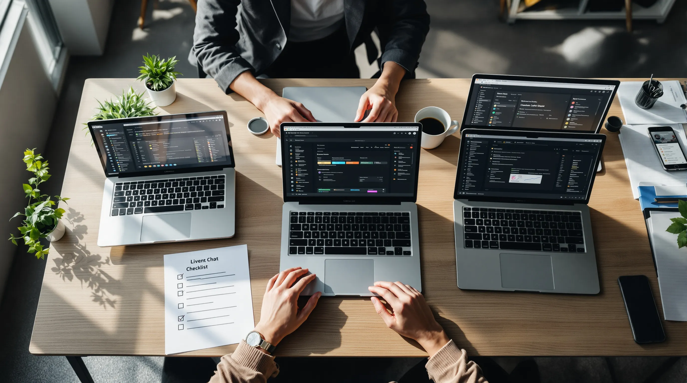 Support team workspace with ticket queue dashboards and a QA monitoring checklist