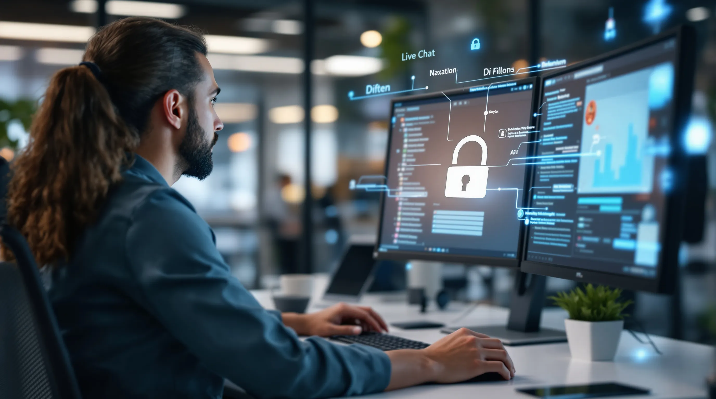 Customer support agent reviewing AI-powered live chat software with data privacy security overlay on screen