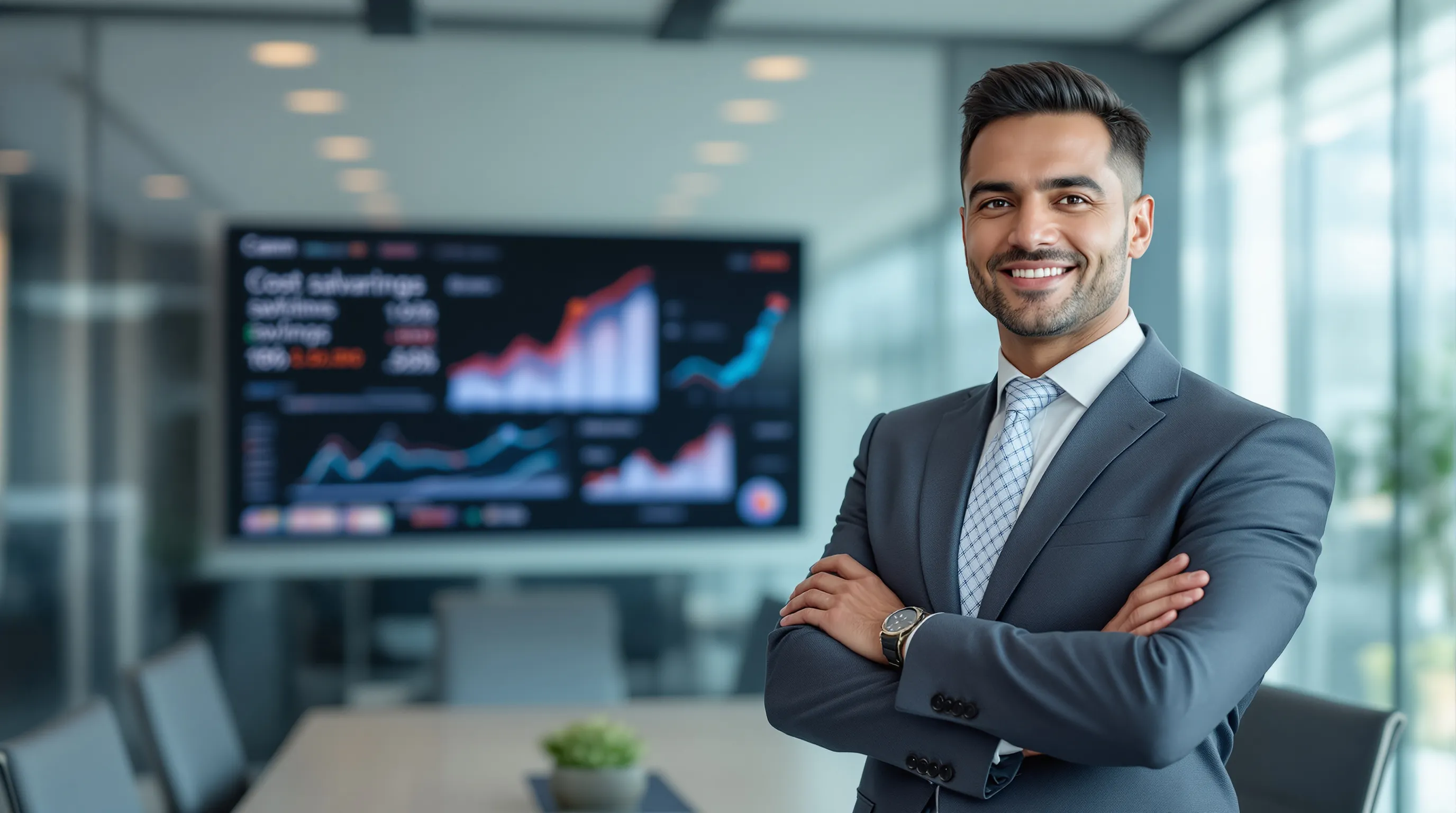 Business leader presenting support software payback analysis to executives in a modern conference room