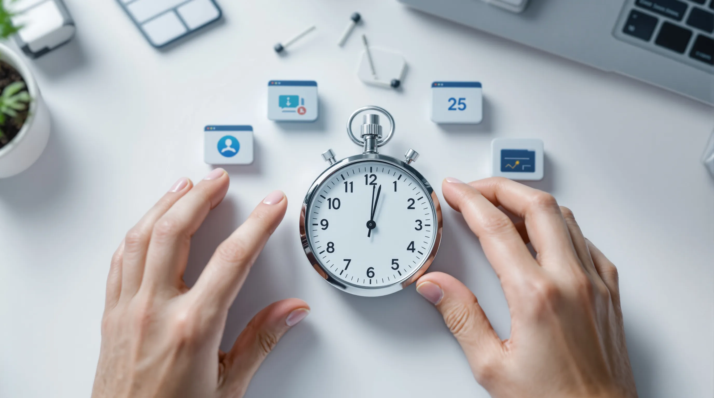 Stopwatch next to ten help desk software icons representing a timed setup test