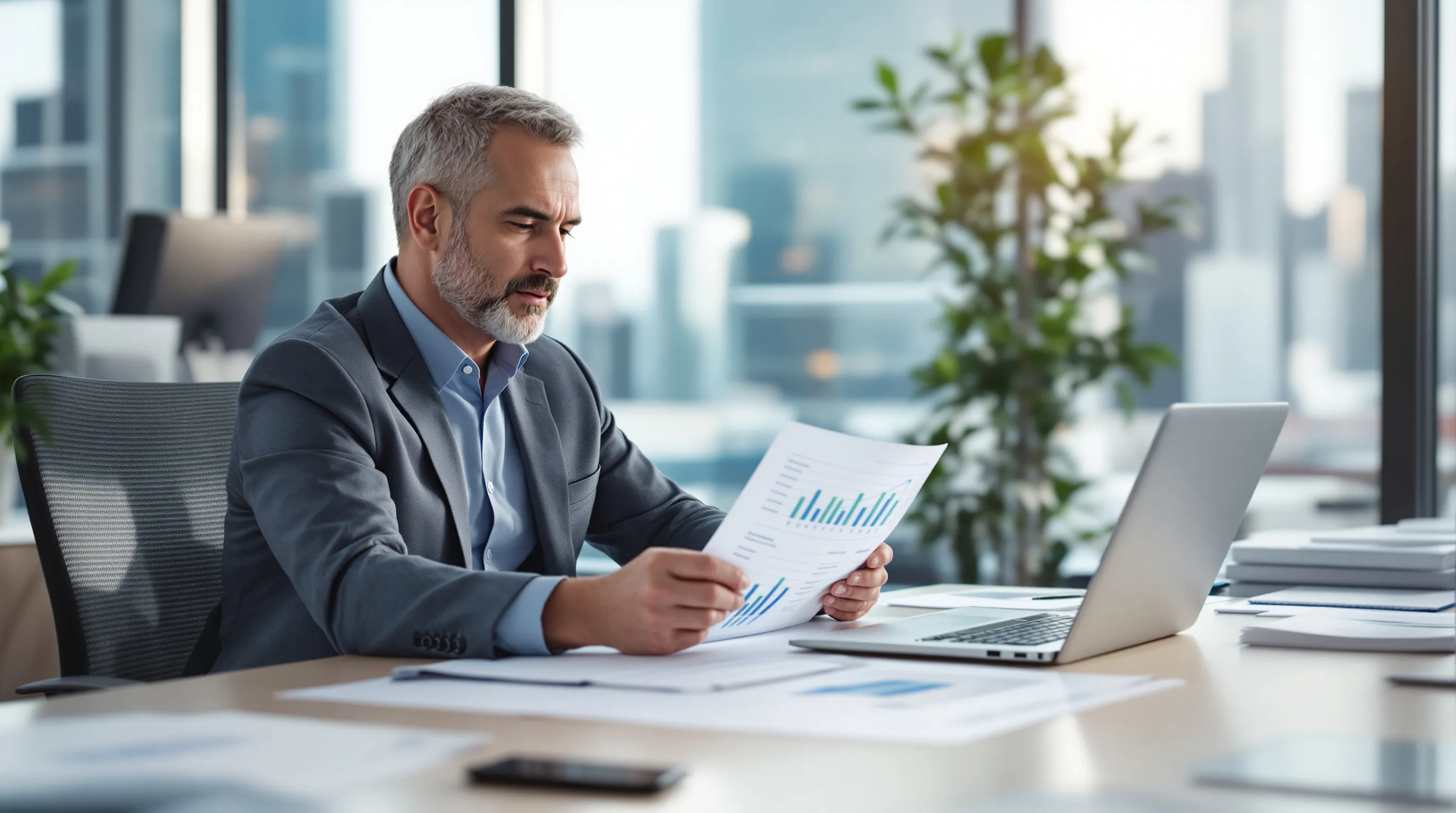 CFO reviewing support software cost analysis and payback projections at an executive desk