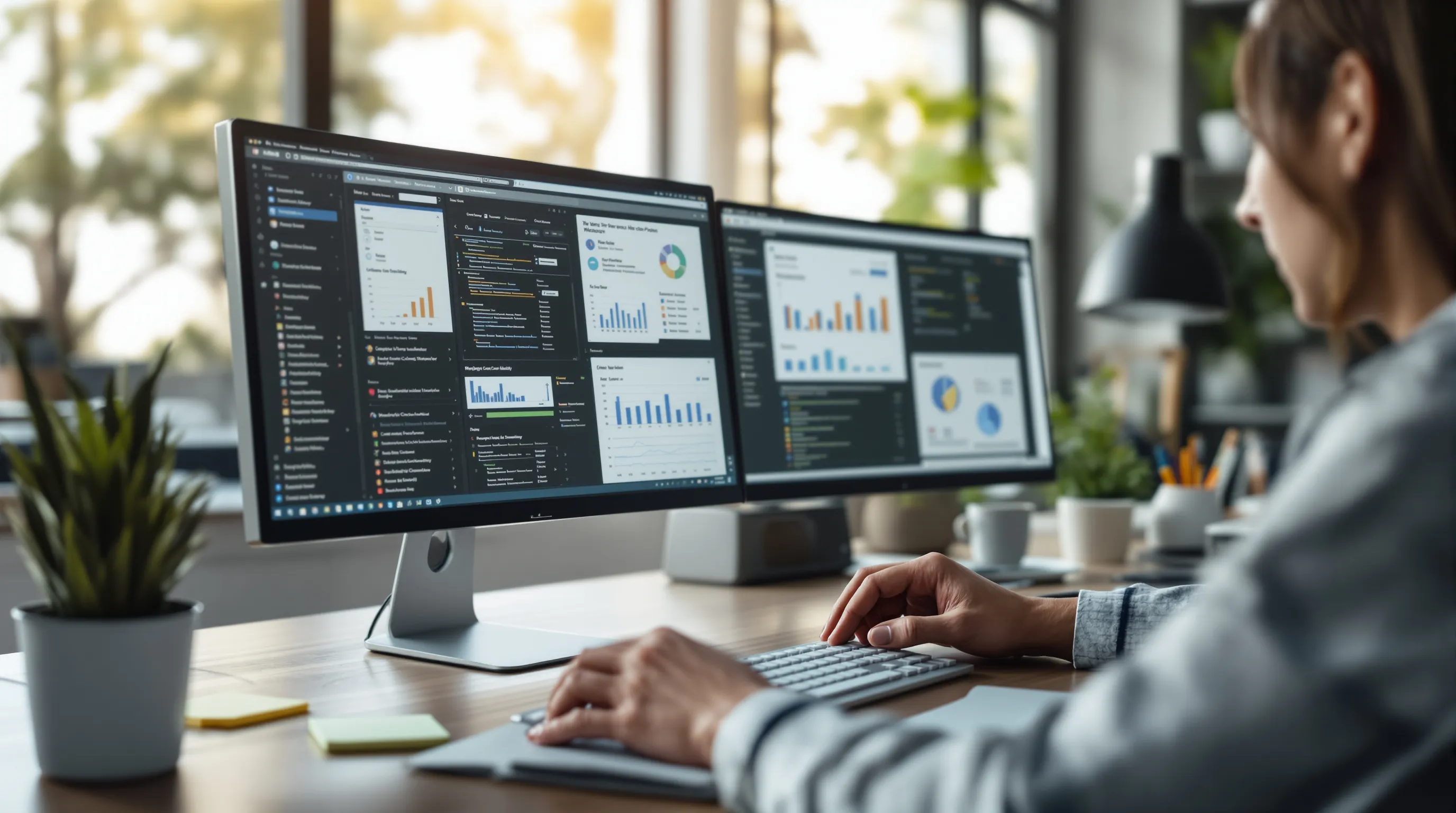 Business professional auditing multiple software dashboards side-by-side with a checklist, evaluating whether a support suite is unified or bolt-on