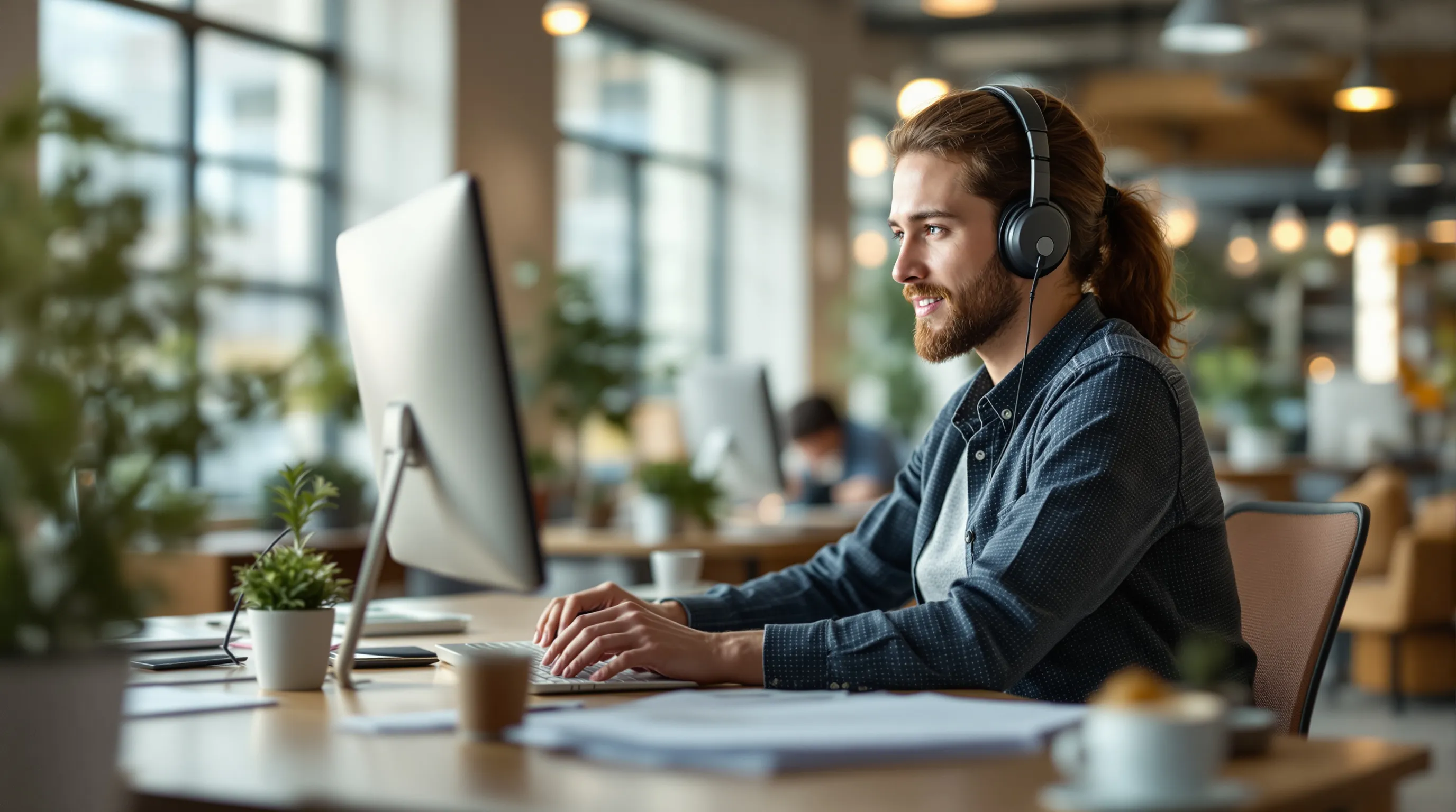 Support agent with a headset handling several live chats while a team lead points at the chat queue on a second monitor