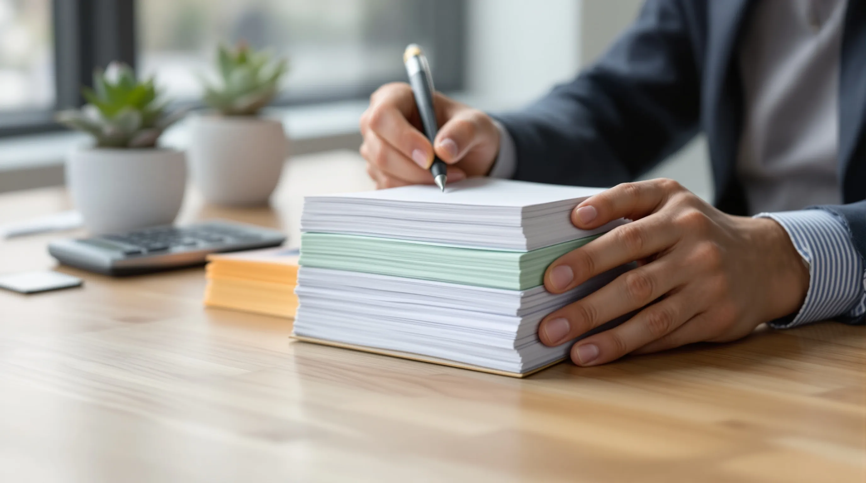 Photorealistic close-up of a support operations manager's hands resting on a wooden meeting table, comparing two thick stacks of stapled sample bundles of different colors, a calculator beside them, and a pen held over