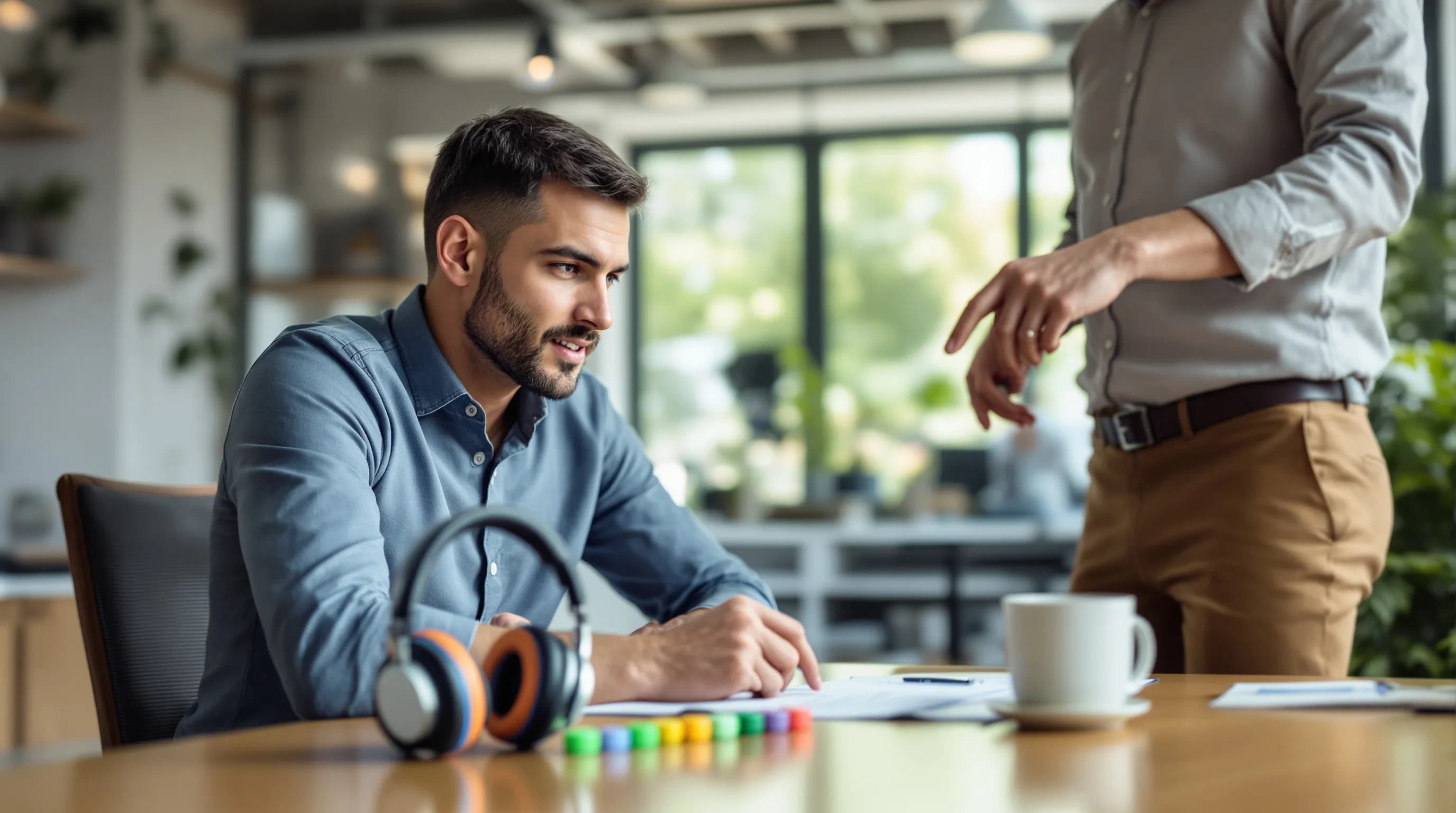 A support quality analyst sits at a wooden desk in a bright office, leaning toward a pair of colorful headsets and a small row of green and red tokens lined up in two groups beside a coffee mug and a pen