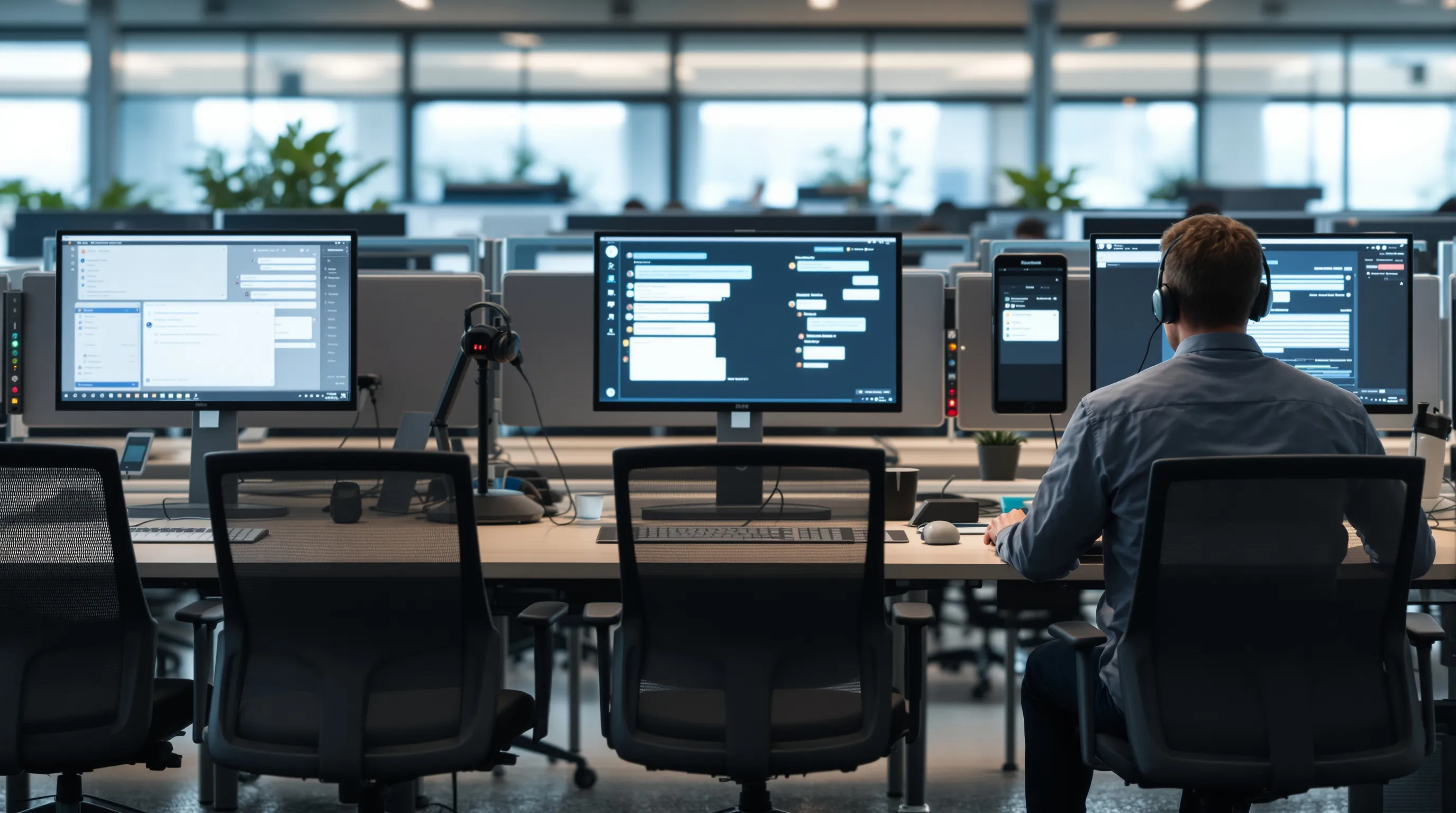 Row of mostly empty support desks with headsets while one agent monitors automated chat conversations