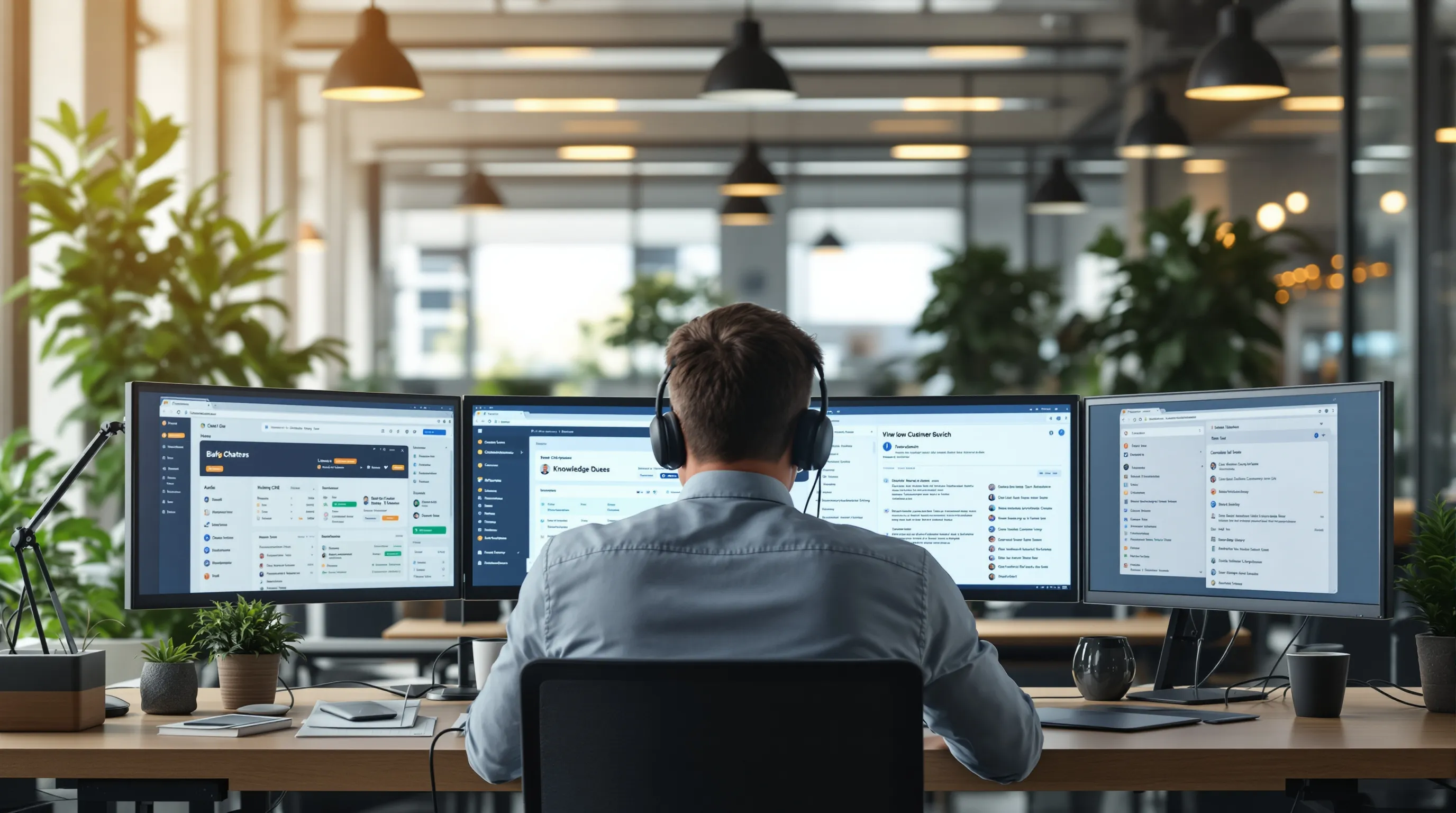 Customer support agent switching between multiple software tools on dual monitors at a busy office desk
