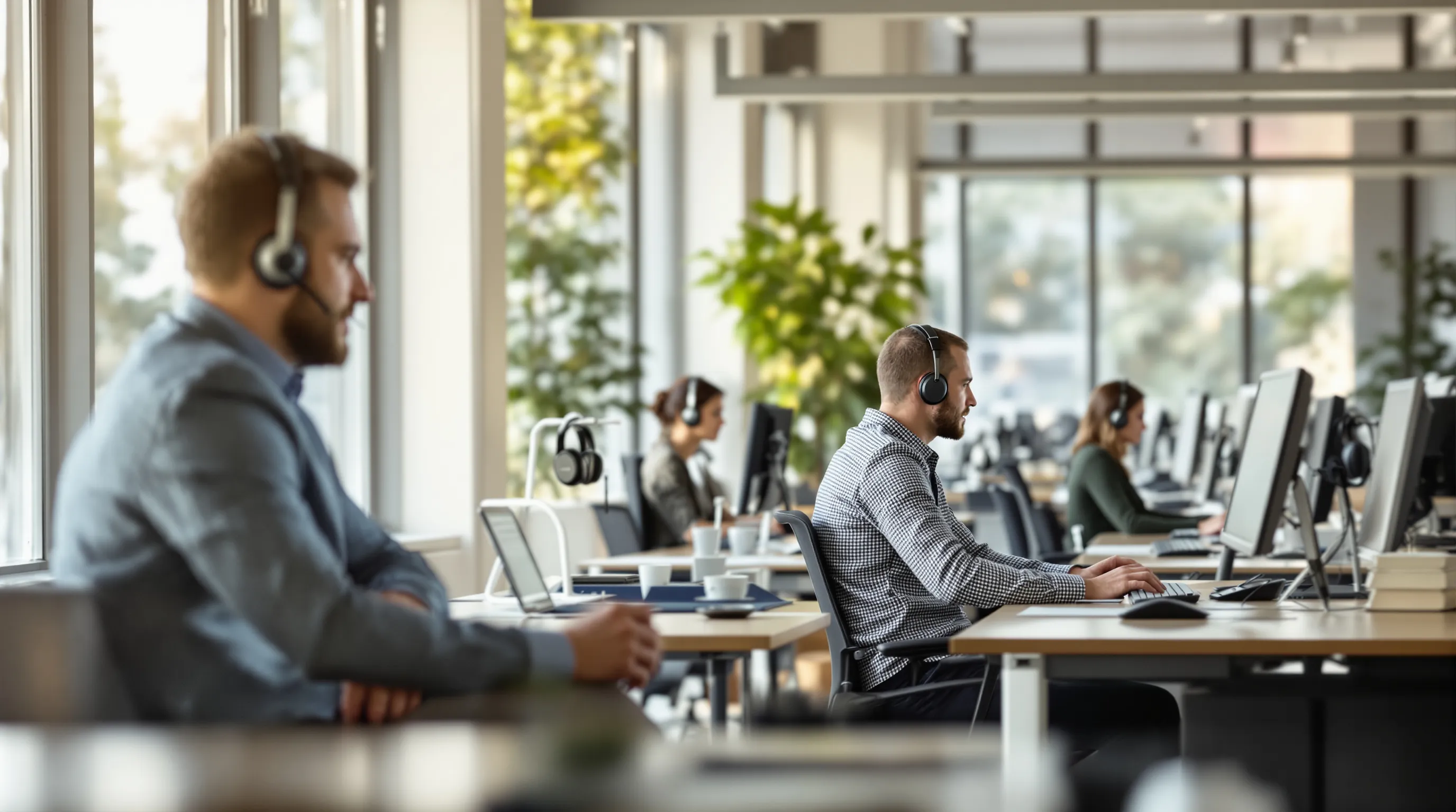 Photorealistic editorial photo of an open-plan customer support office in soft daylight: two agents in headsets sit at their desks, talking and typing on keyboards with focused expressions, while several nearby desks