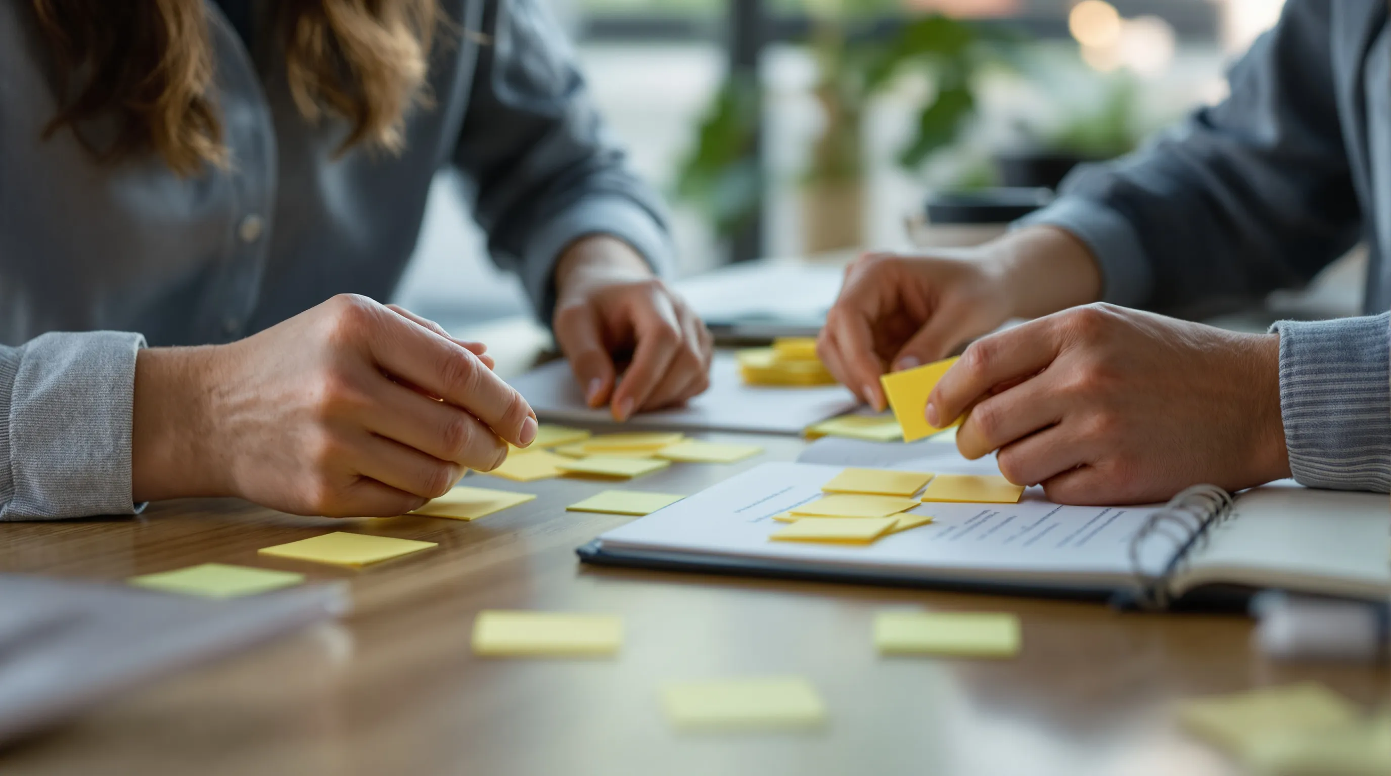 Support team sorting printed customer tickets into piles to build a known-answer test set
