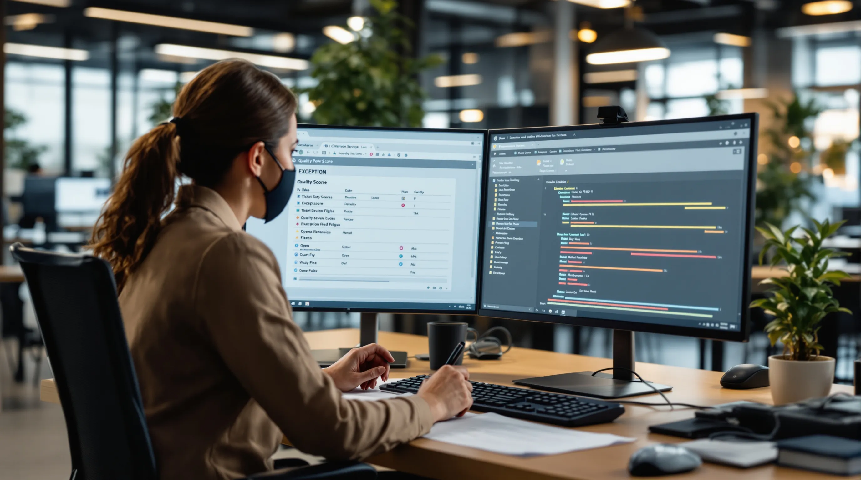 Support team leader reviewing AI quality assurance dashboards and an open exception queue alongside a printed QA rubric
