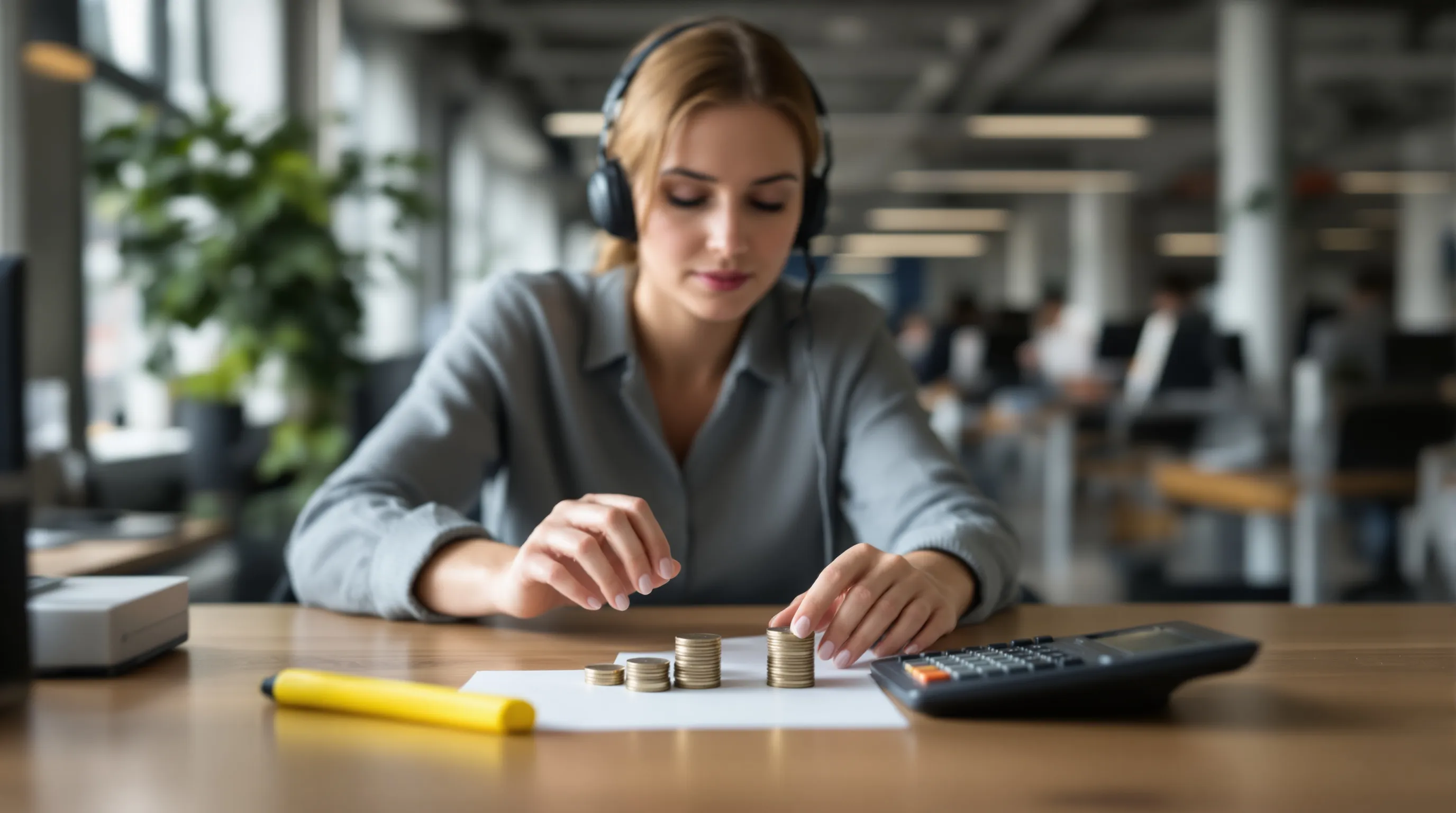 A support operations manager sits at a wooden desk in a quiet open-plan office, weighing two small stacks of coins and a calculator against each other, a yellow highlighter lying beside them