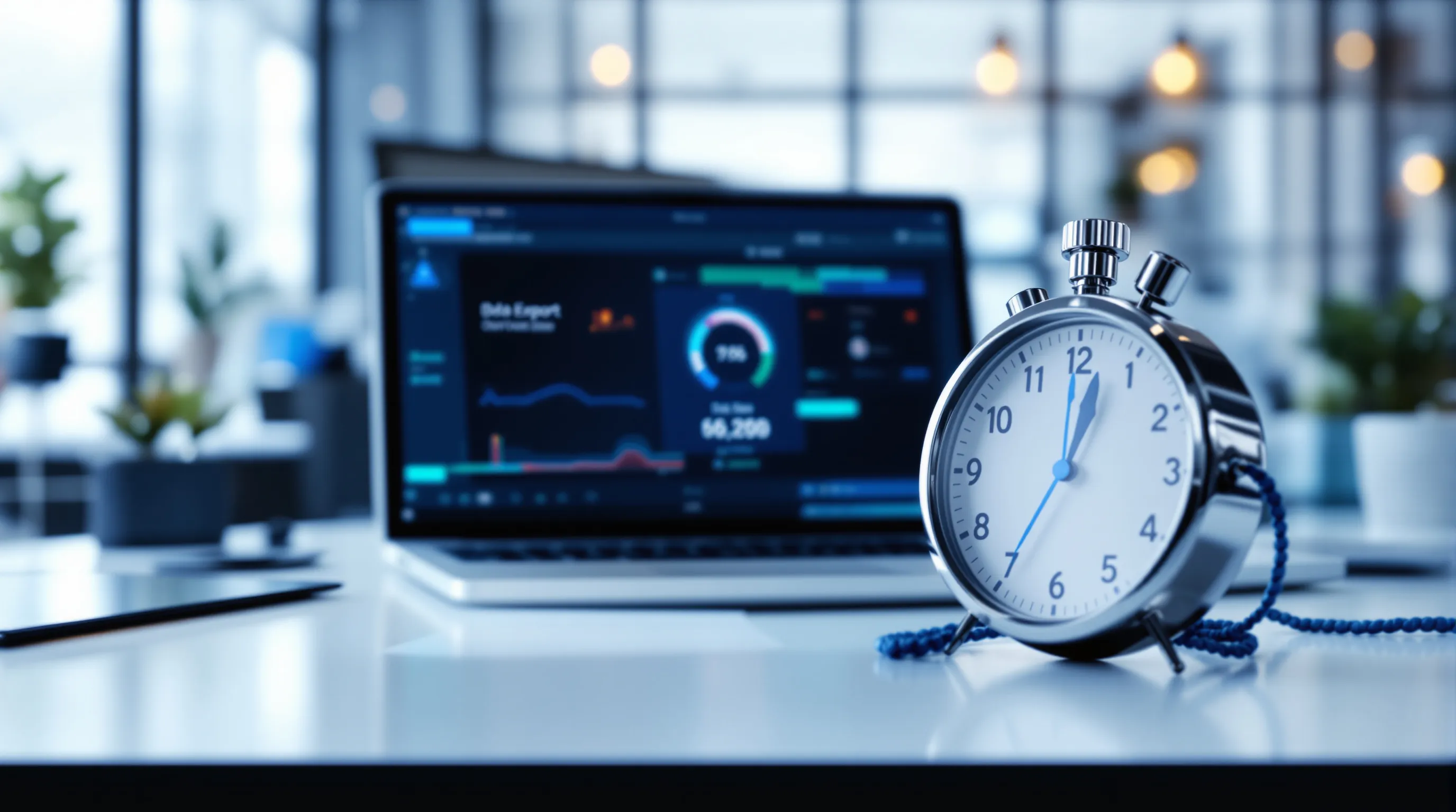 A stopwatch beside a laptop showing a data export in progress, representing the quarterly Exit Drill for support platform switching
